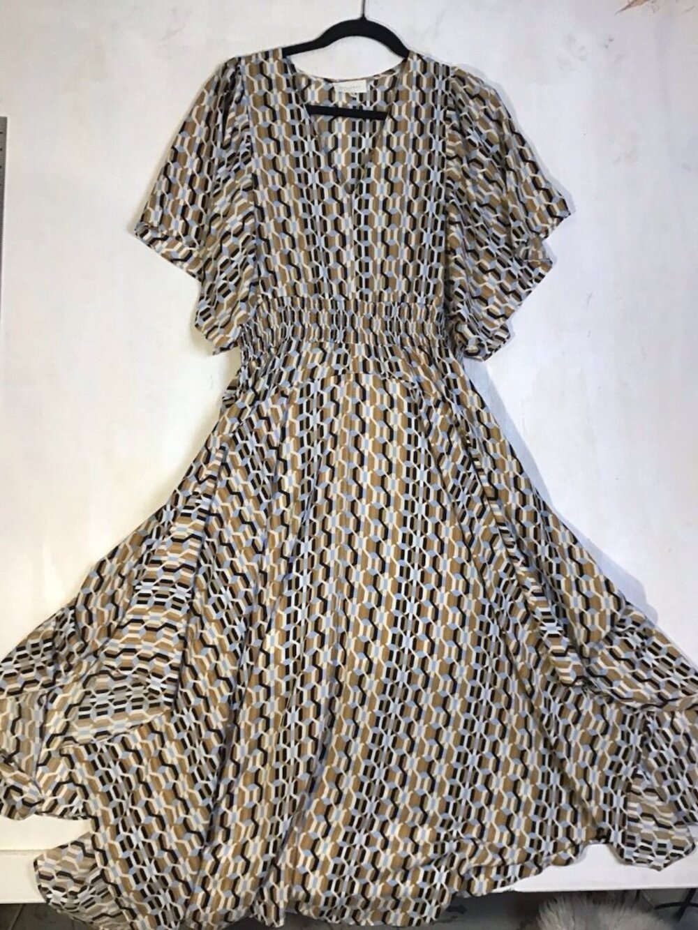 Melloday Geometric Print Smocked Waist Flutter Sleeve Rachelle Maxi Dress S - Picture 1 of 7